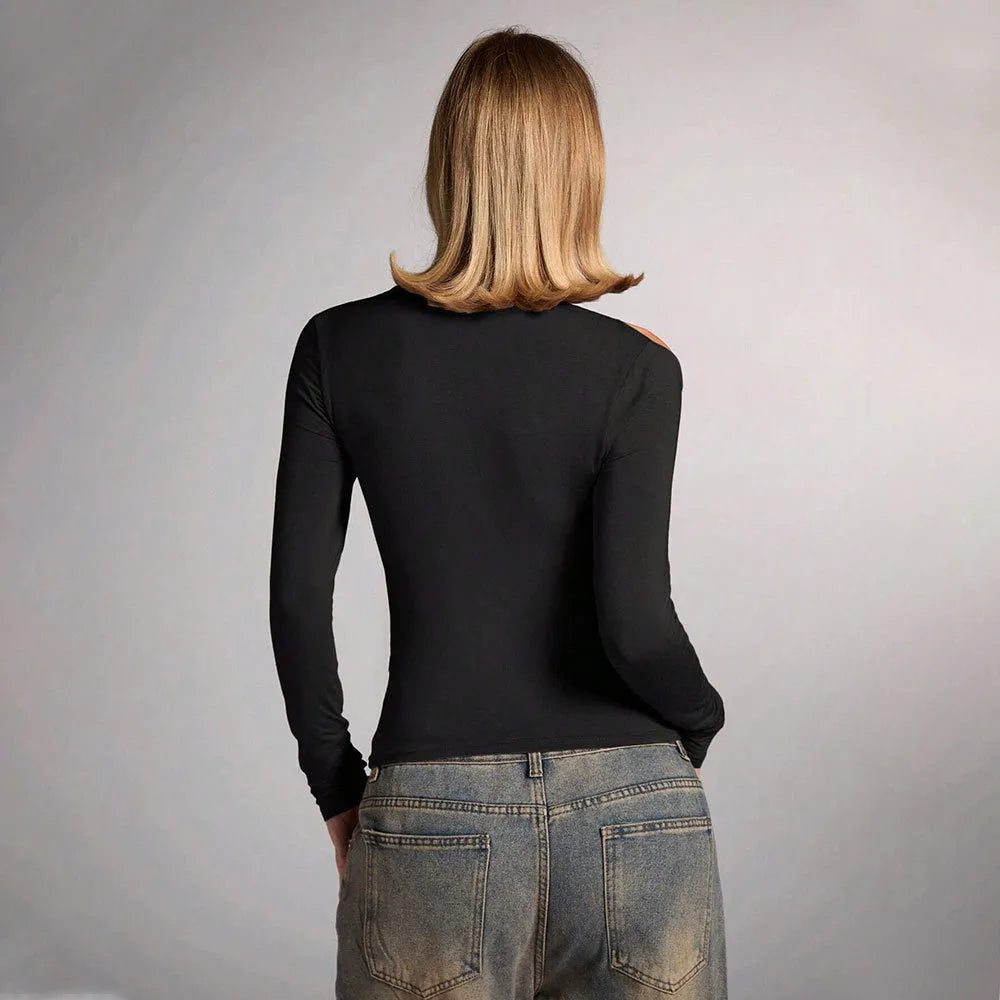 Black polyester women's halter top with long sleeves and shoulder-baring design