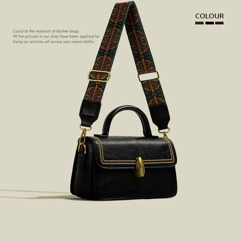 Brown retro messenger bag showing square vertical shape and internal organisation compartments