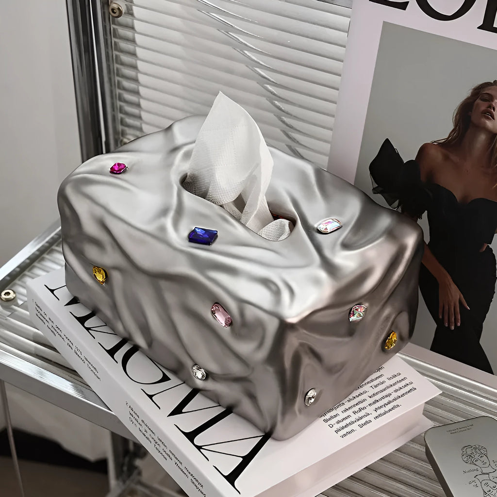 Gem party design ceramic tissue box in matte coconut milk white and matte silver electroplated finishes