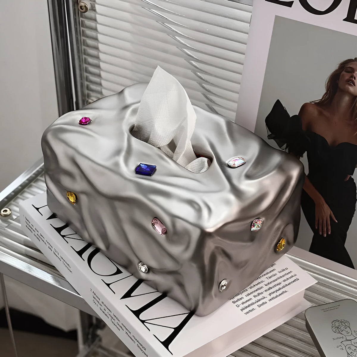 Gem party design ceramic tissue box in matte coconut milk white and matte silver electroplated finishes
