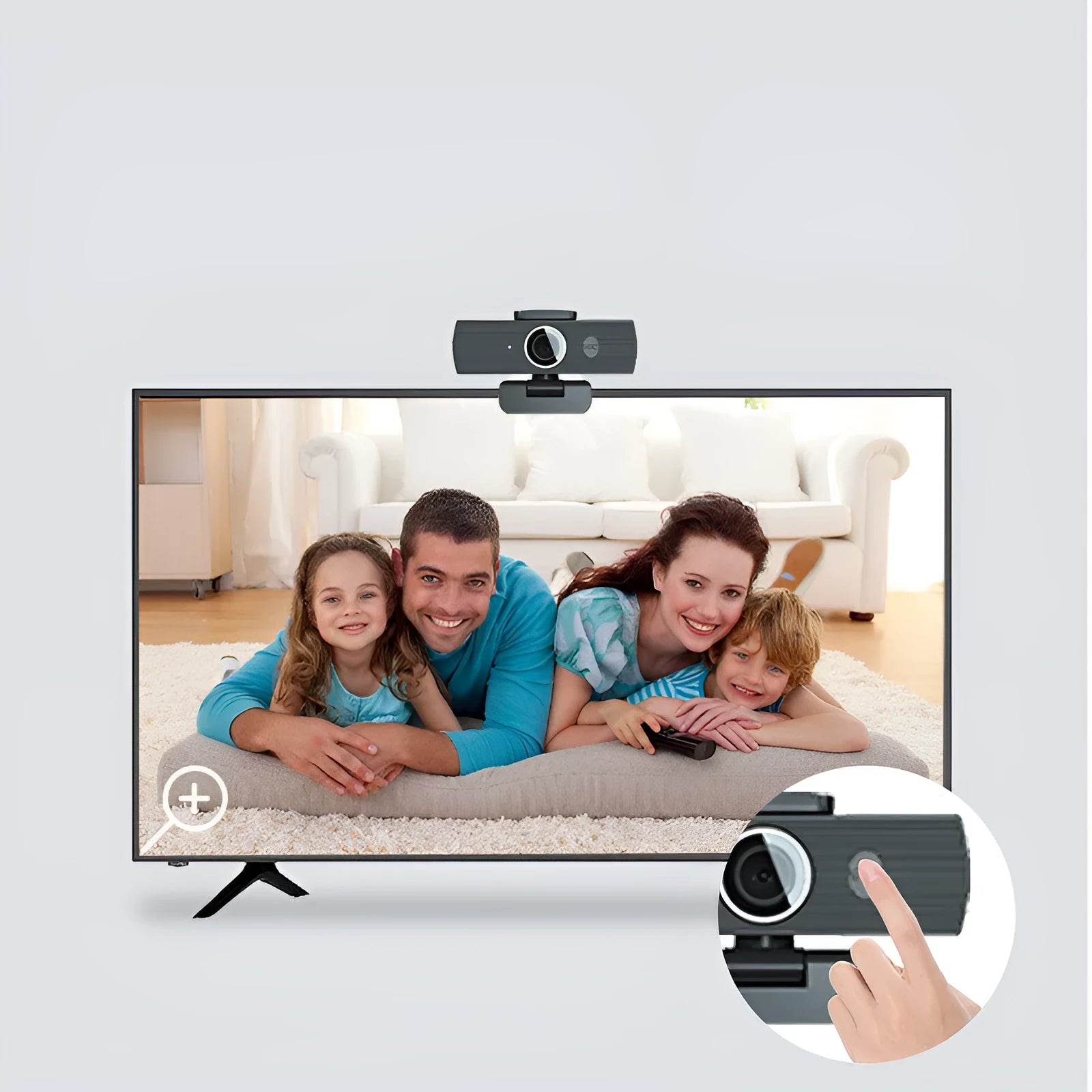 Black USB webcam on a desk with a detached magnetic privacy cover and a 1.7-metre cable