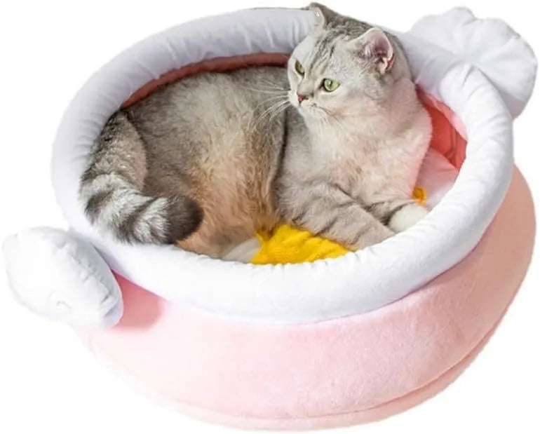 Pink and yellow honey pot shaped cat sofa bed with a soft fabric exterior and large interior space for pets.