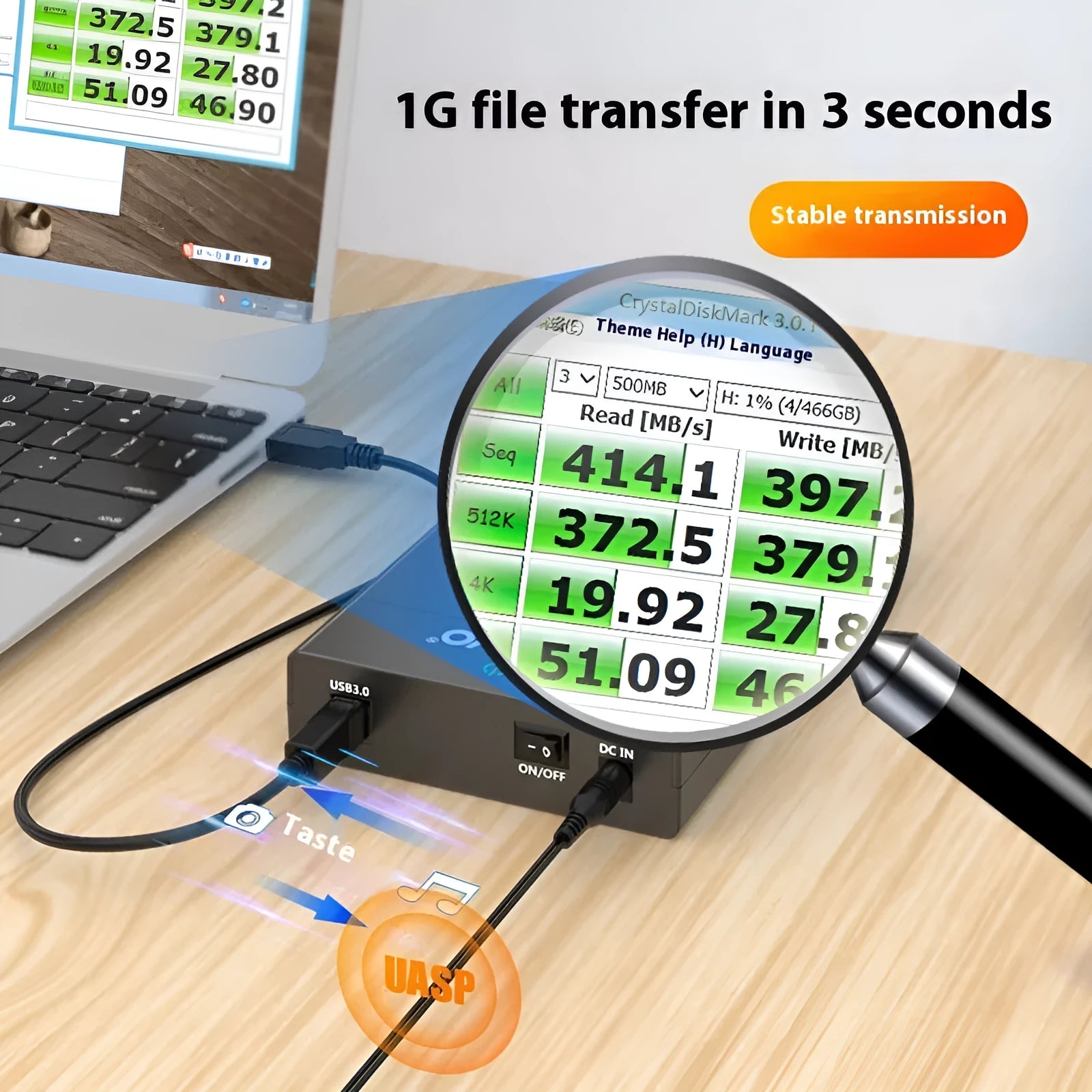 3.5 inch USB 3.0 SATA hard disk box with power supply and cable for 14TB drives in black silver colour