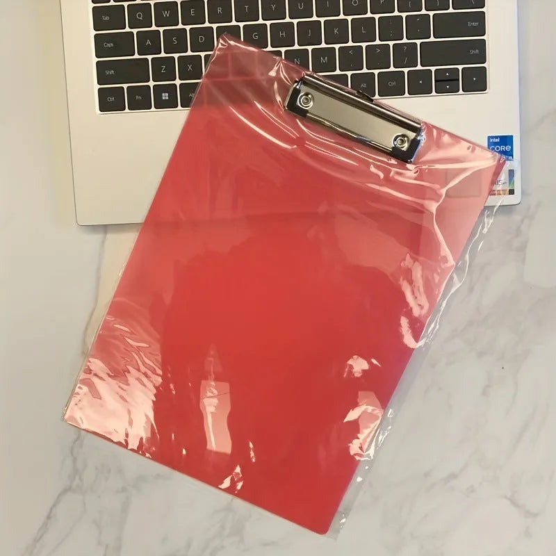 Transparent A4 plate holder with metal clip, shown in blue, acting as a writing board and document folder.