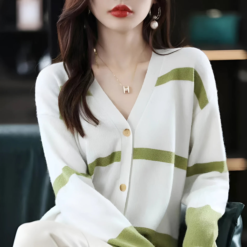 Women's striped knitted cardigan with 3D pattern, V-neck and button front in four colour options