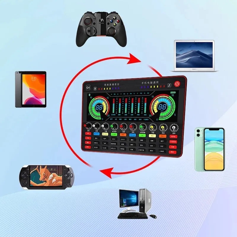 G4 professional sound card set with condenser microphone, remote control, audio cables, and LCD display