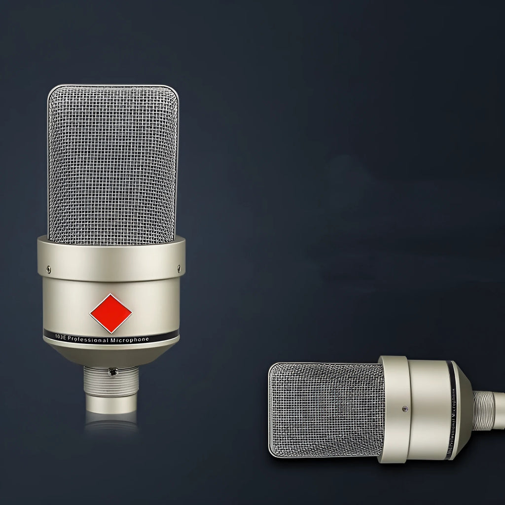 Champagne gold condenser microphone with cardioid pattern on included desk stand