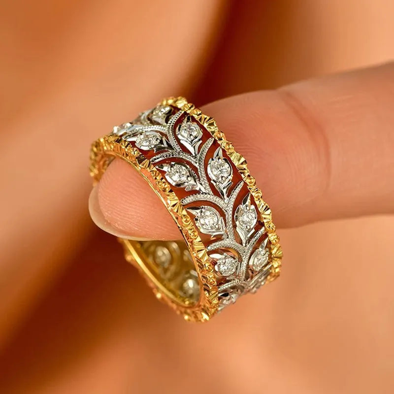Two-tone wheat leaf ring with inlaid zircon, unisex copper band in gold and silver, sizes No 6 to No 10