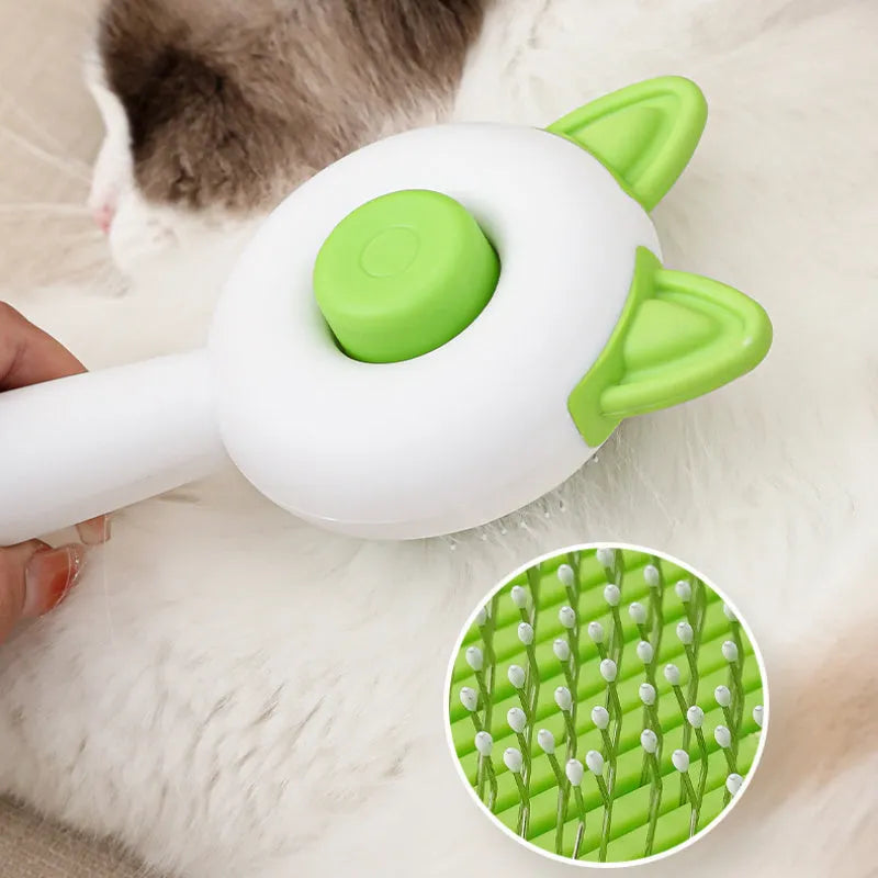 Self-cleaning pet grooming comb with stainless steel pins and massage tips in greenish white colour