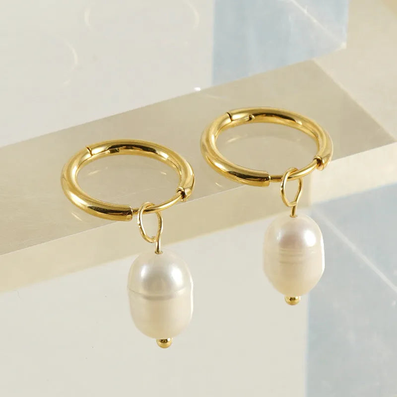Gold geometric women's earrings with pearl accent on titanium steel posts