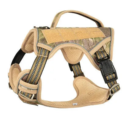 Search and rescue patrol working dog wearing tactical chest strap harness in olive green Oxford cloth