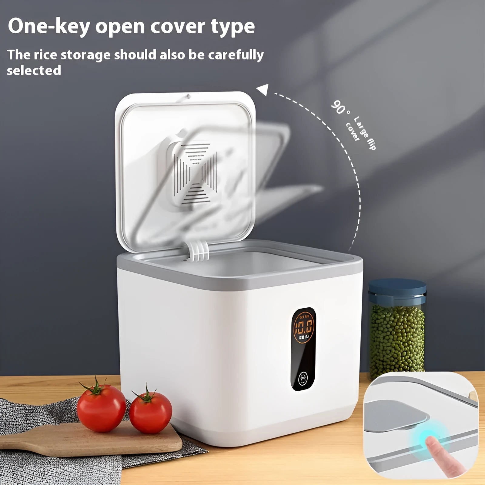Grey plastic rice storage jar with airtight lid and measuring cup in insect-proof moisture-proof design