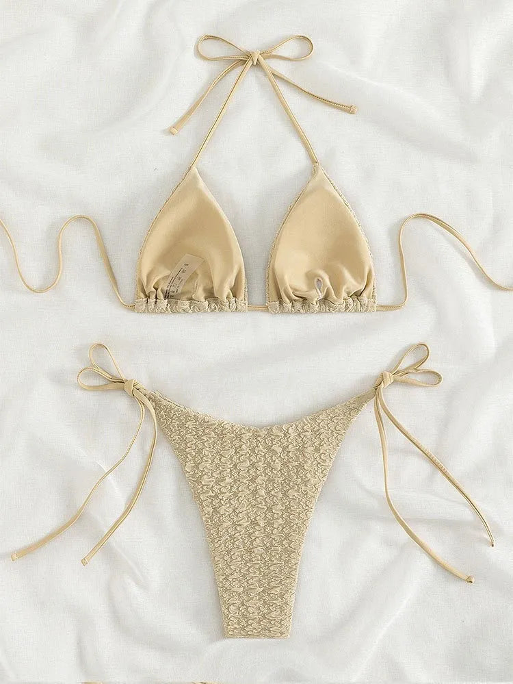 A khaki coloured women's high waist bikini swimsuit with a lace-up front detail.