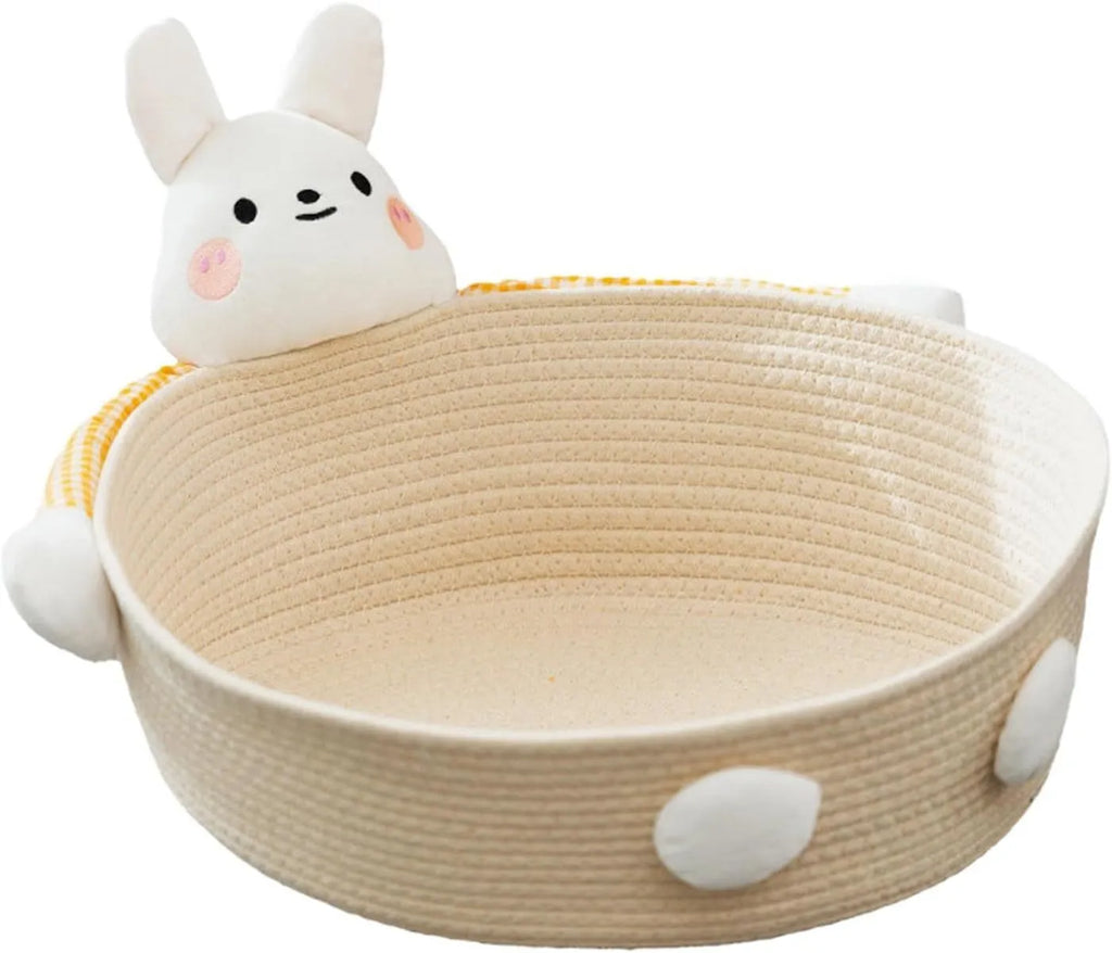 Woven cotton rope cat bed and scratching board in basket shape with bear design