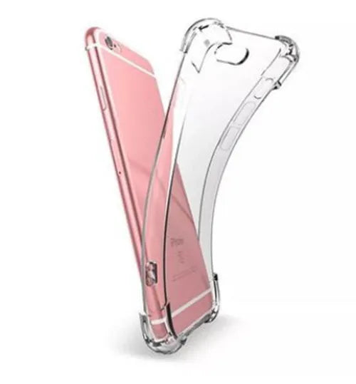 Clear transparent TPU shockproof iPhone case on a table, showing phone model compatibility list.