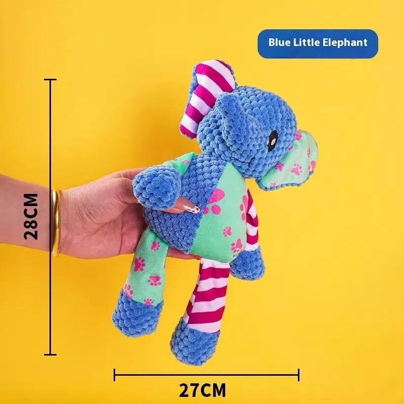 Bite-resistant plush dog chew toy showing donkey, duck, and elephant style options with squeaker