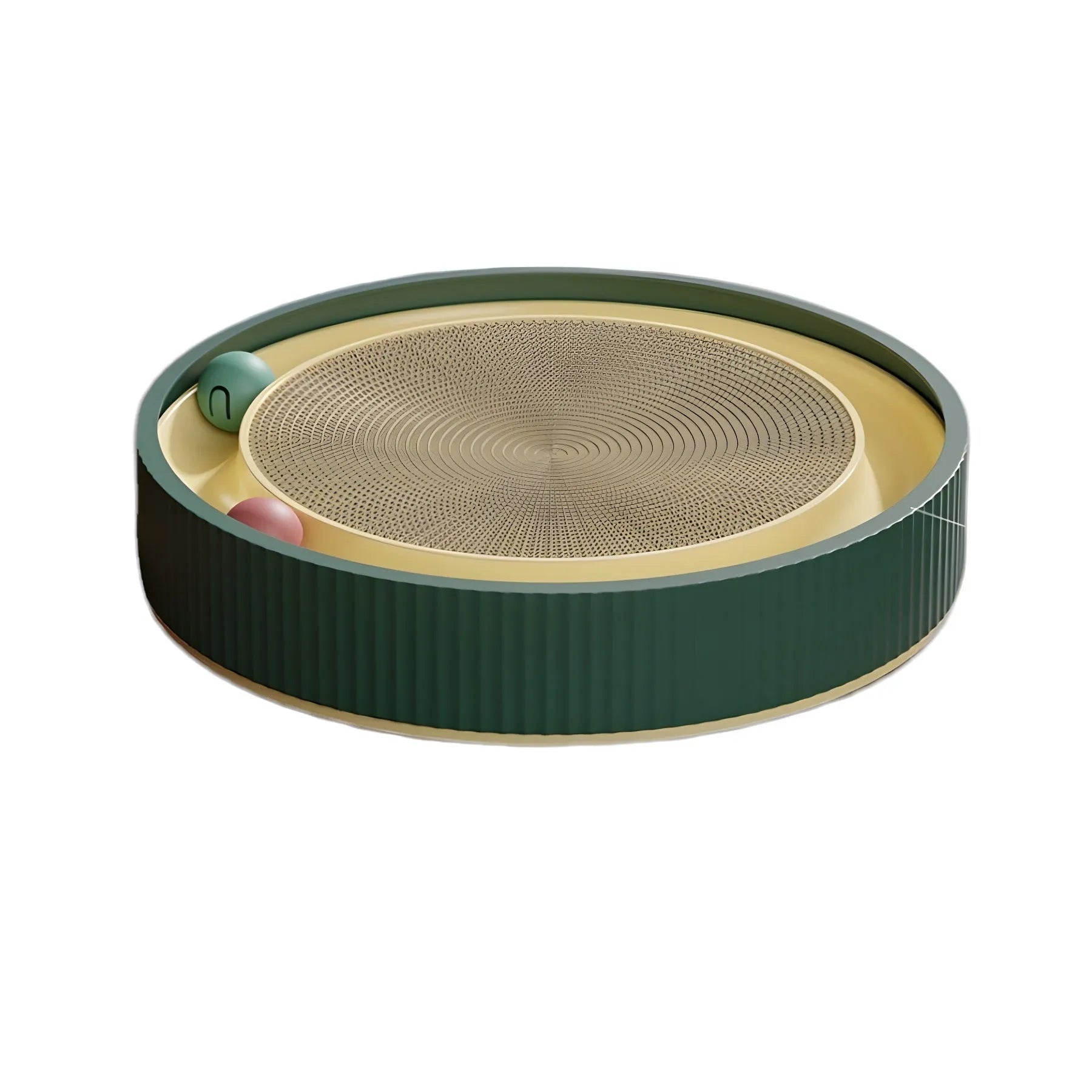 Large circular cat scratching board with interactive ball toys and replaceable cardboard core