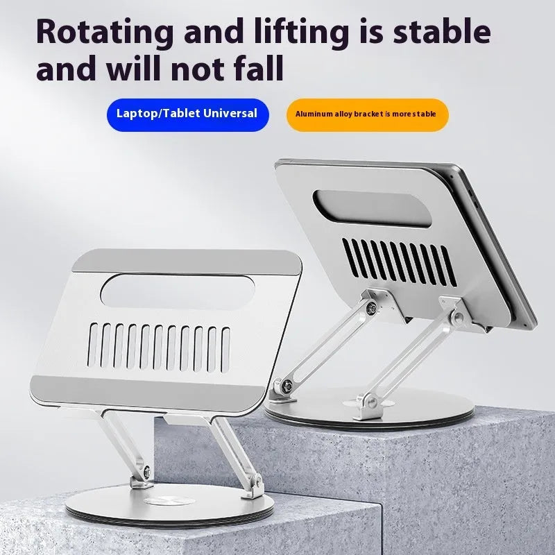 Silver aluminium laptop stand showing rotation and lifting features