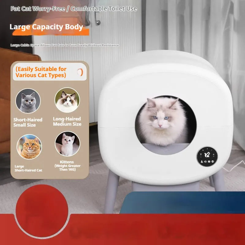 Automatic cat litter box with smart cleaning system, white ABS plastic housing
