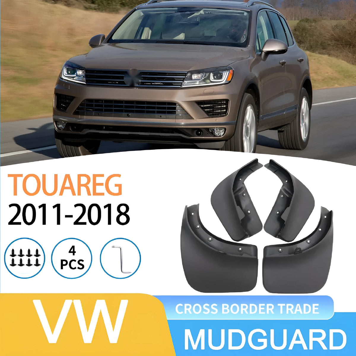 Black PP soft plastic rear mudguard set for Volkswagen Touareg, four pieces with screws and packaging box