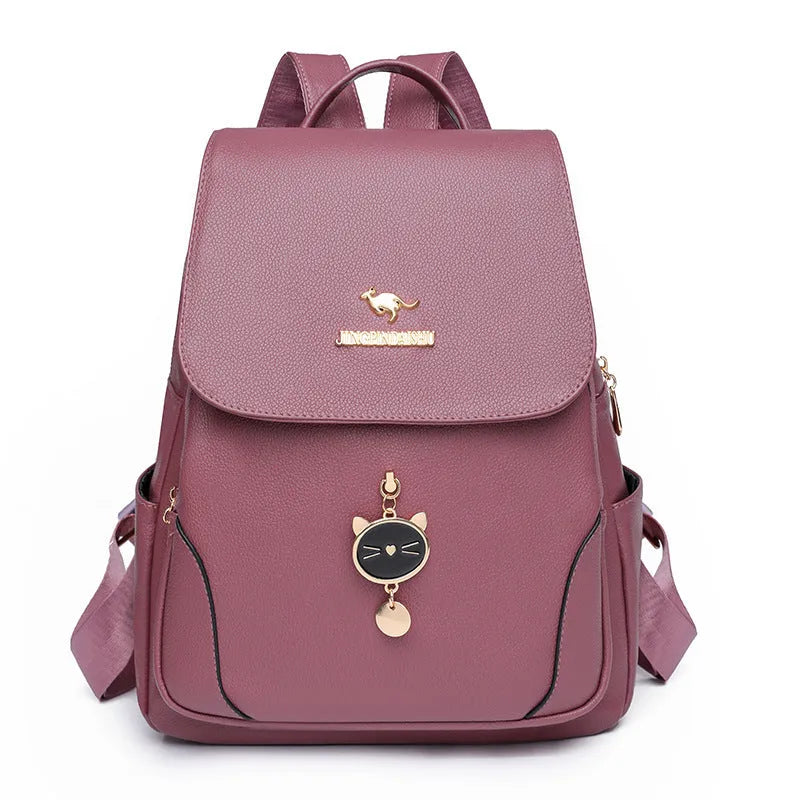 Women's casual leather backpack in street style with three-dimensional pockets and adjustable straps