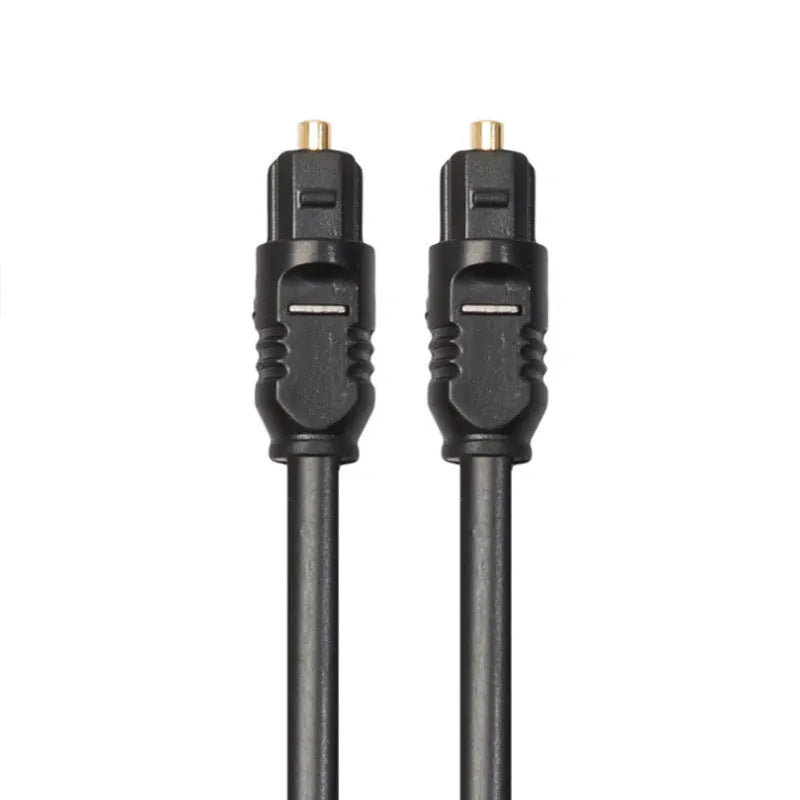 Black Toslink fibre optic audio cable with 4mm square connectors showing 2-metre length