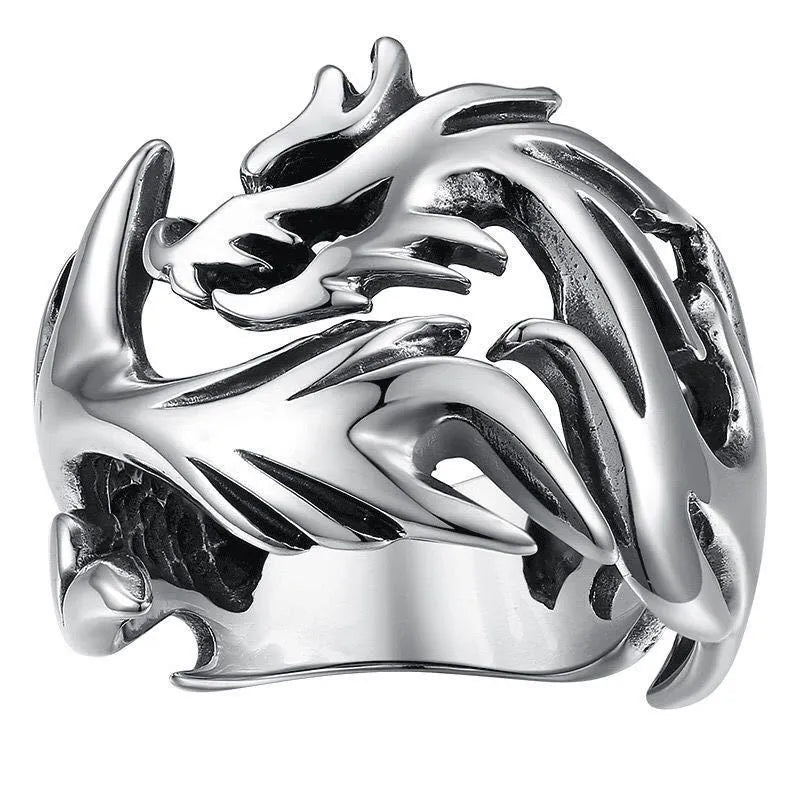 Chinese dragon pattern adjustable ring in archaism silver blue and green colour