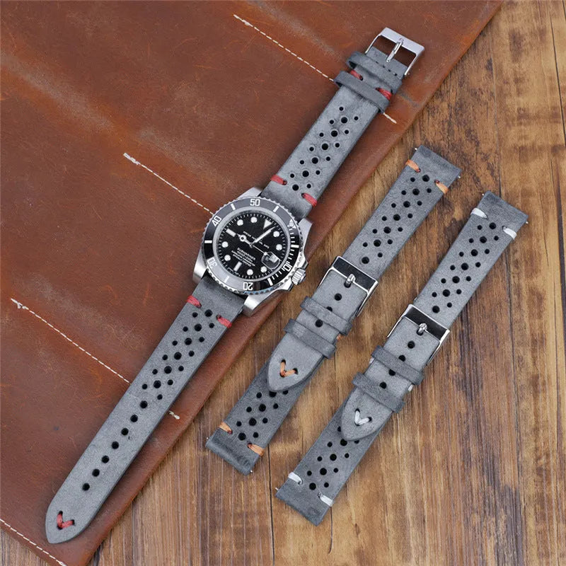 Handmade retro genuine leather watch band with stitched line, shown in dark grey, khaki and brown options