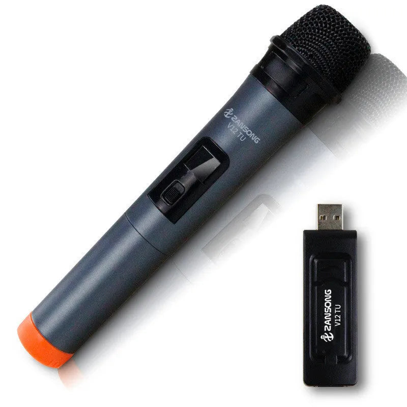 Black ZanSong V12 handheld dynamic microphone with USB receiver, audio cable, and adapter.