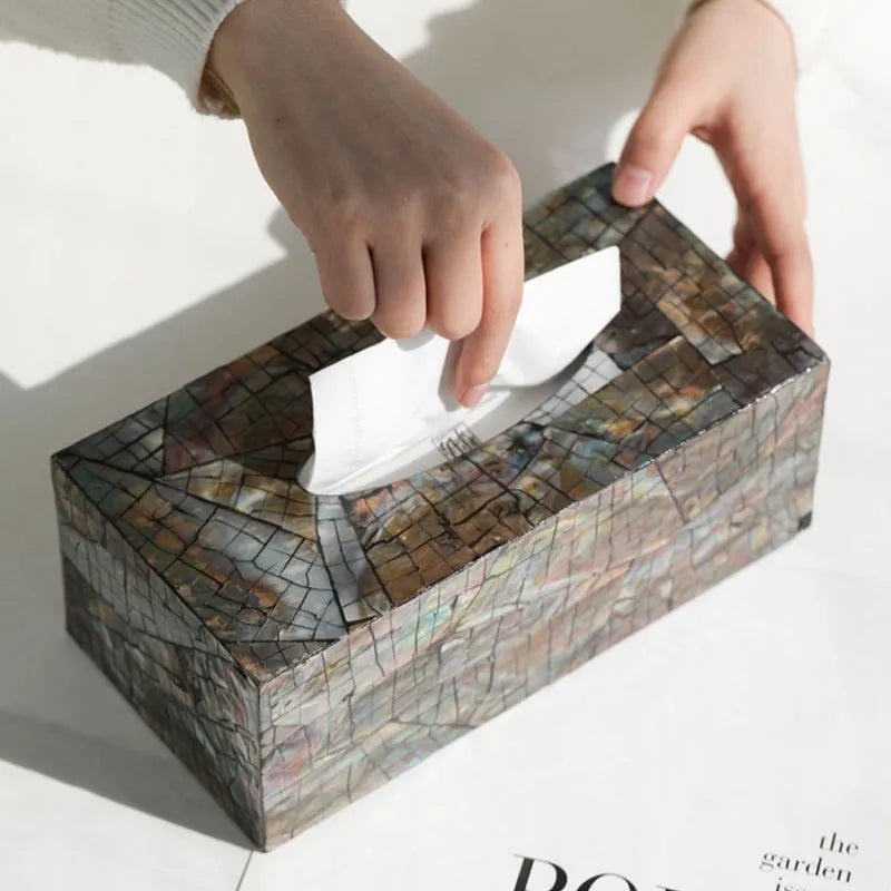 Natural shell tissue storage box with removable organisation in black rectangle and square styles