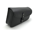 Black PU leather motorcycle swingarm side saddlebag mounted on a Sportster, showing its storage capacity.