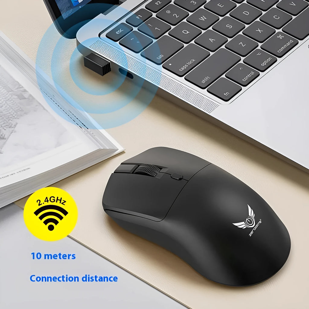 Black wireless mouse with DPI switch and audio buttons on side