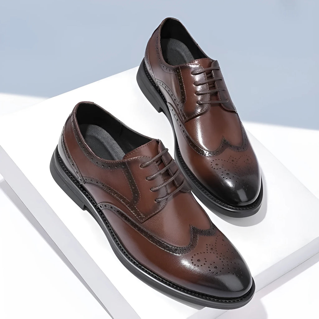 Men's black and brown brogue leather shoes in business style with PU leather upper material