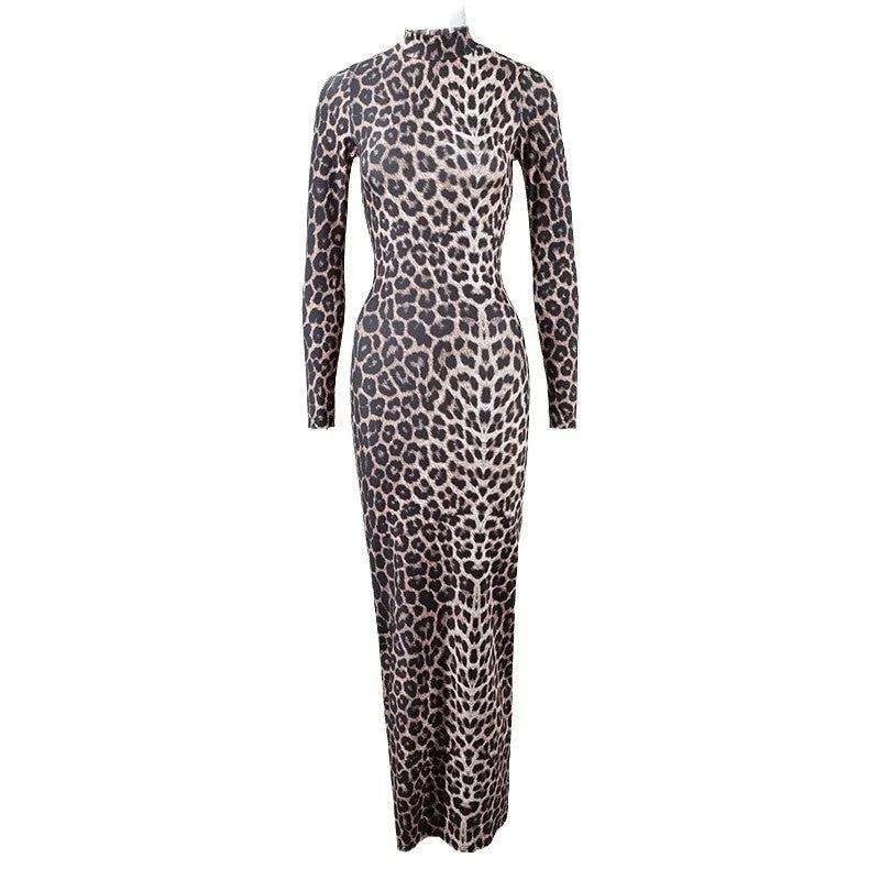 Leopard print long dress with stand collar and long sleeves in milk silk polyester fabric