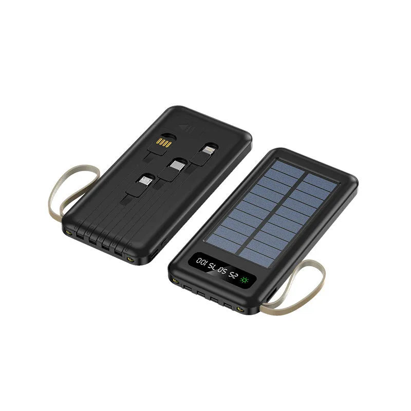 Solar power bank in black or white with integrated solar panel, showing compact 144mm x 68mm x 16mm dimensions.