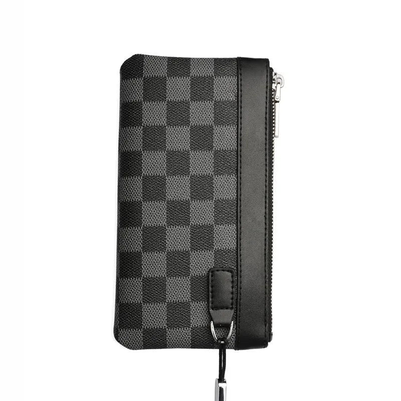 Men's black cowhide leather clutch wallet with plaid top, shown closed, measuring 20cm by 10cm