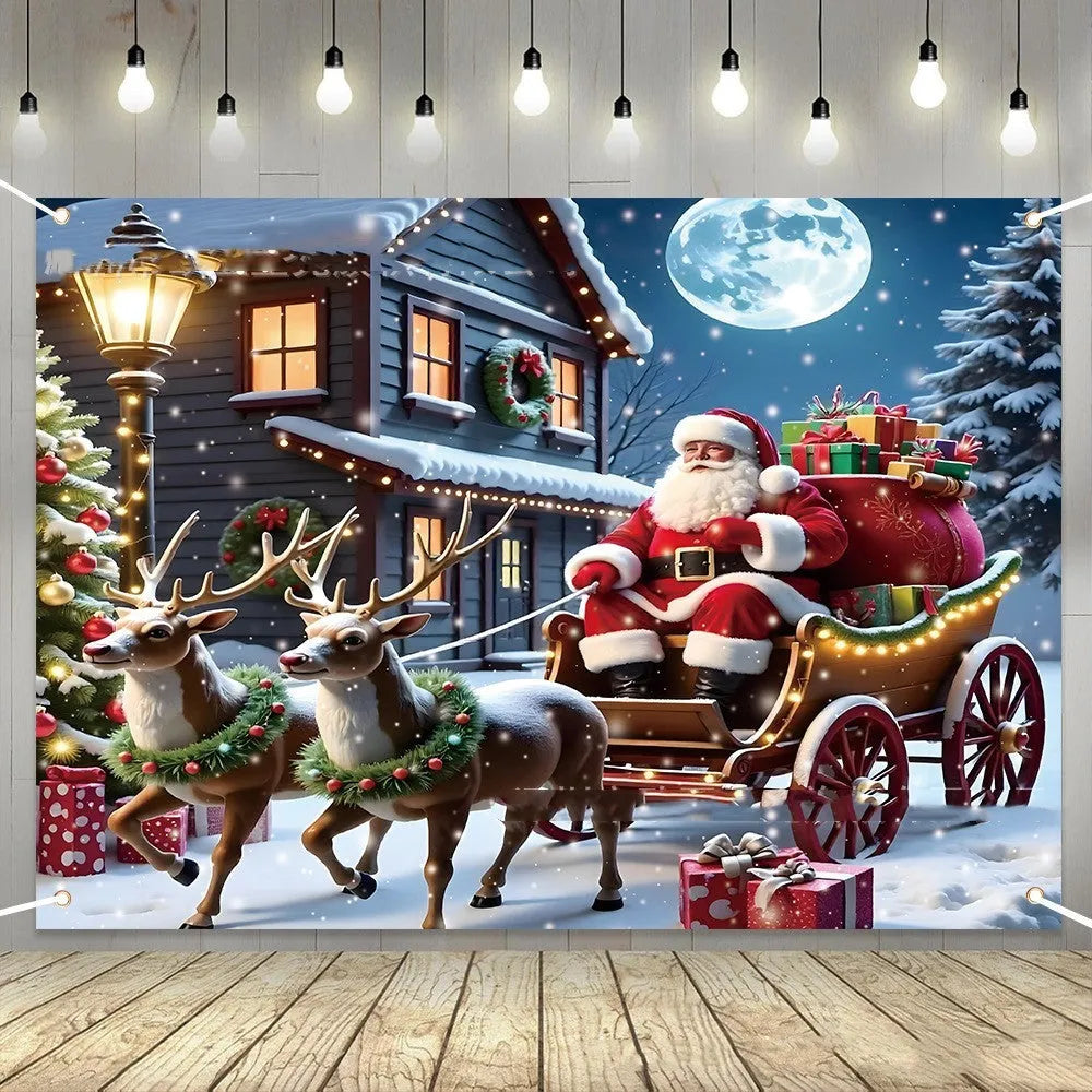 Santa Claus Christmas banner with night gift scene on polyester fabric measuring 210x150 cm