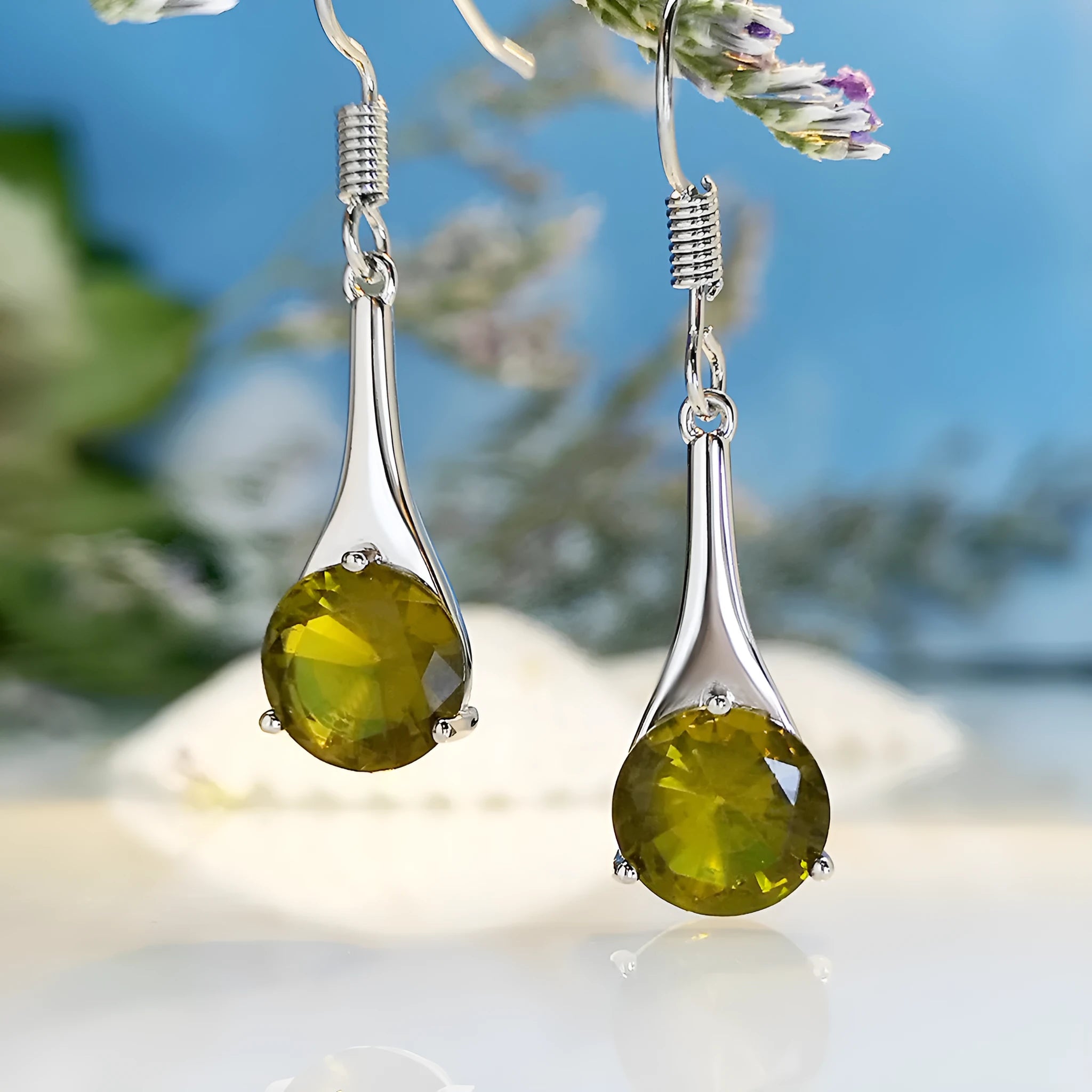 Olive green topaz water drop shaped earrings with minimalist retro design