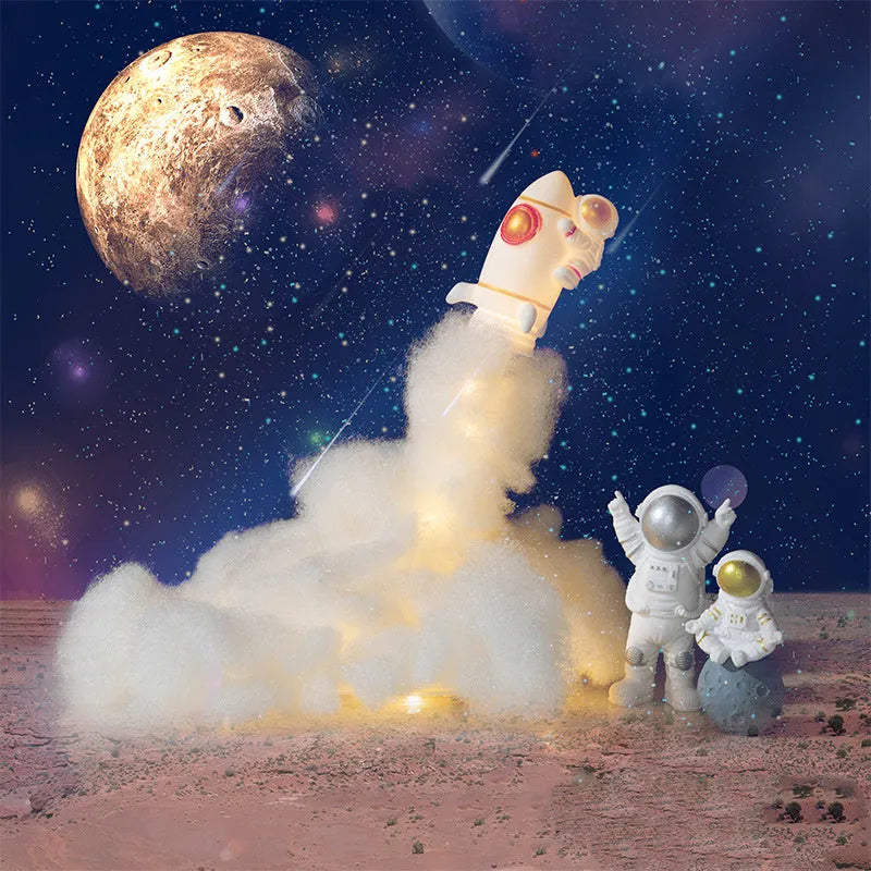 DIY astronaut rocket LED night light kit with warm string lights and rocket model for desktop decoration