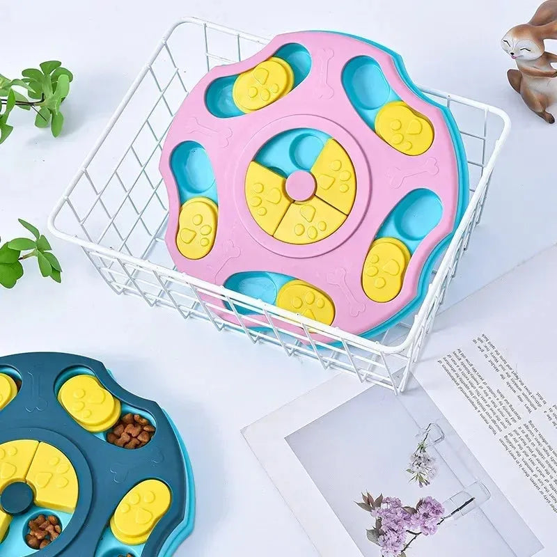 Blue and pink dog puzzle toy feeding bowl for aggressive chewers with treat compartments