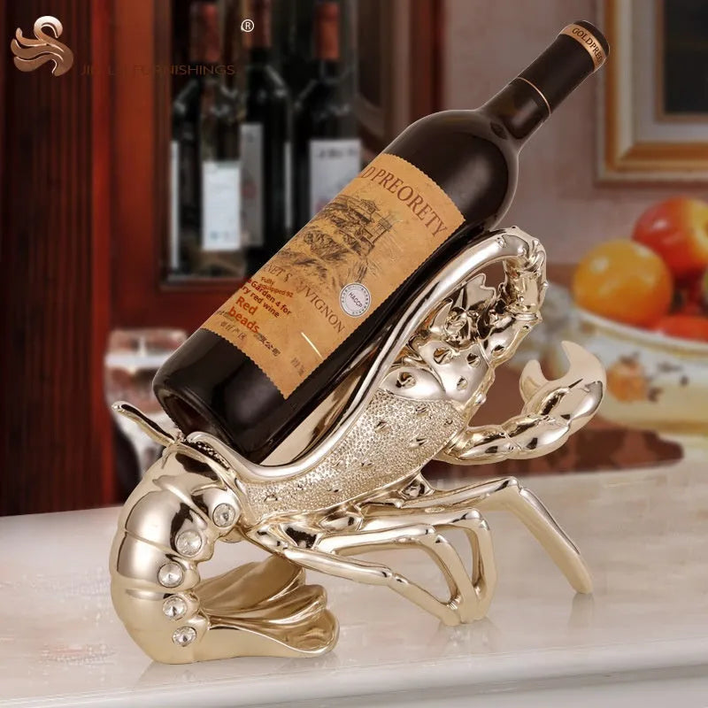 Lobster wine rack ornament in metallic finish displaying bottles