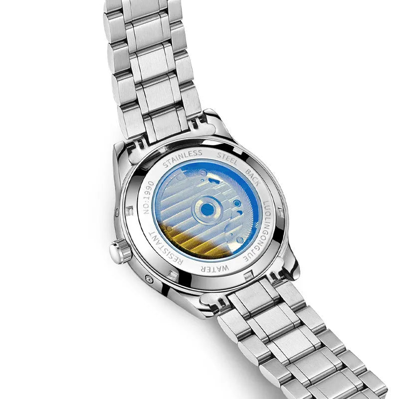 Men's business mechanical watch with stainless steel case, sapphire crystal glass, and genuine leather strap