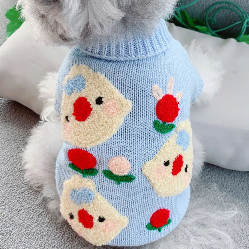 Short polyester pet sweater in snowman, brown bear, rabbit, pink chick, blue chick, and yellow cotton-padded jacket with hat, sizes XS to XL