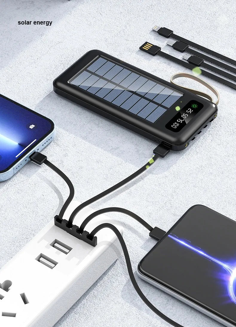 Solar power bank in black or white with integrated solar panel, showing compact 144mm x 68mm x 16mm dimensions.