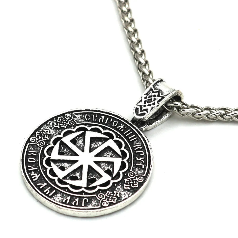 Lunavin retro logo pendant necklace with antique silver finish on an adjustable leather rope.