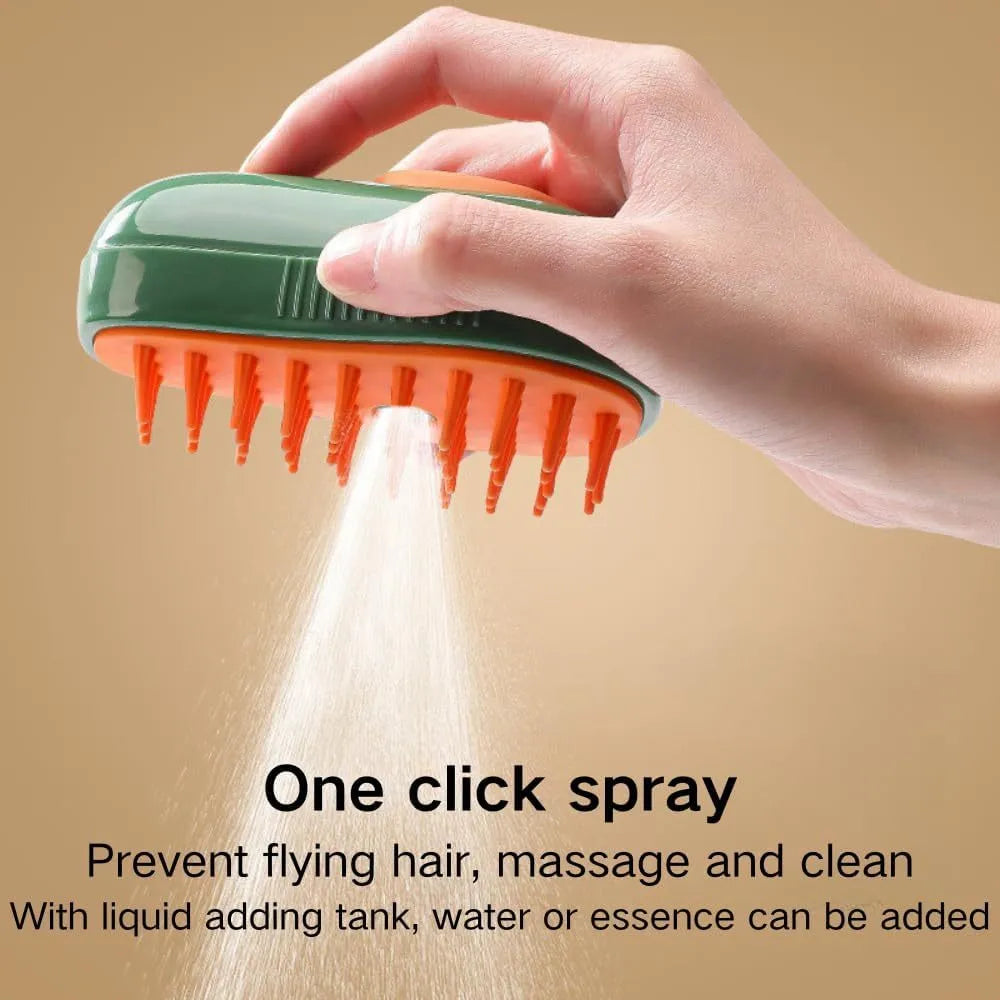 Green and white rechargeable cat steam brush with water spray and silicone grooming teeth