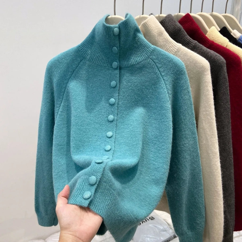 Women's turtleneck cardigan, loose thick polyester knit sweater with button front, in red yellow gray apricot blue black