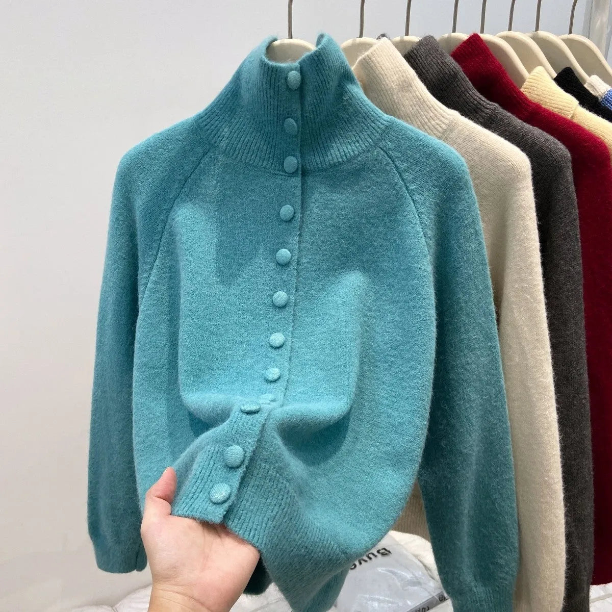 Women's turtleneck cardigan, loose thick polyester knit sweater with button front, in red yellow gray apricot blue black