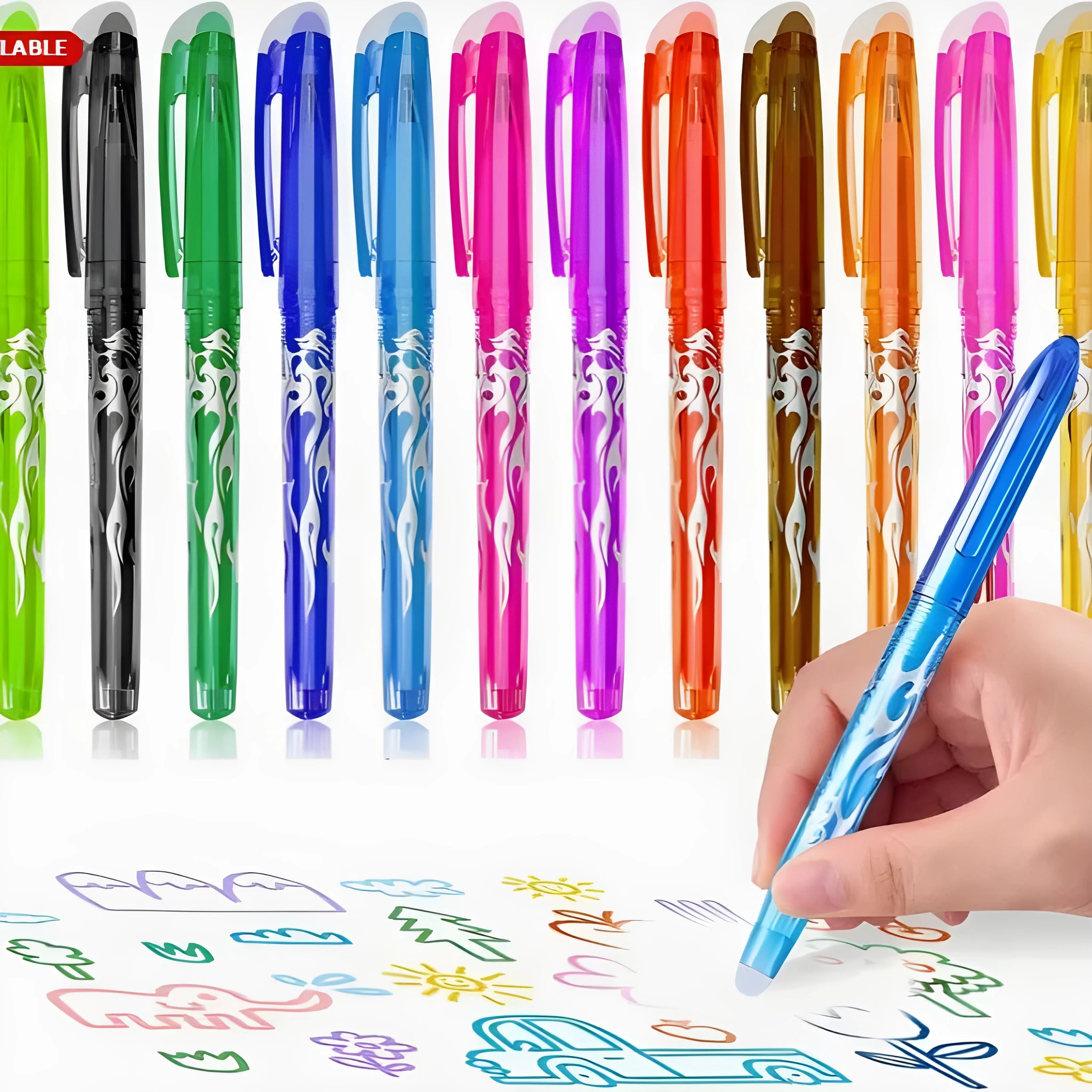 Pack of hot-erasable gel pens with plastic shells and stainless steel tips, showing 0.5mm and 0.7mm nib options.