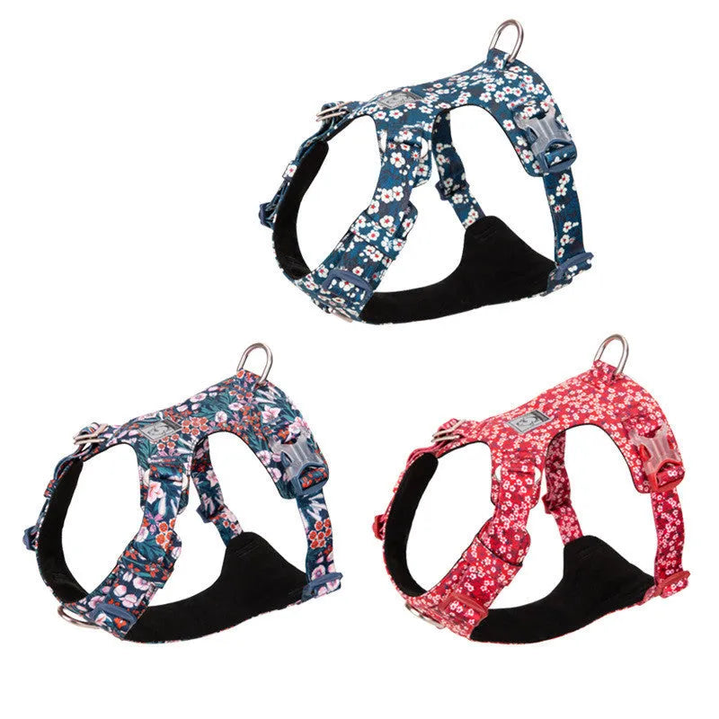 Pure cotton pet chest strap in floral red pattern with adjustable sizes for dogs and cats